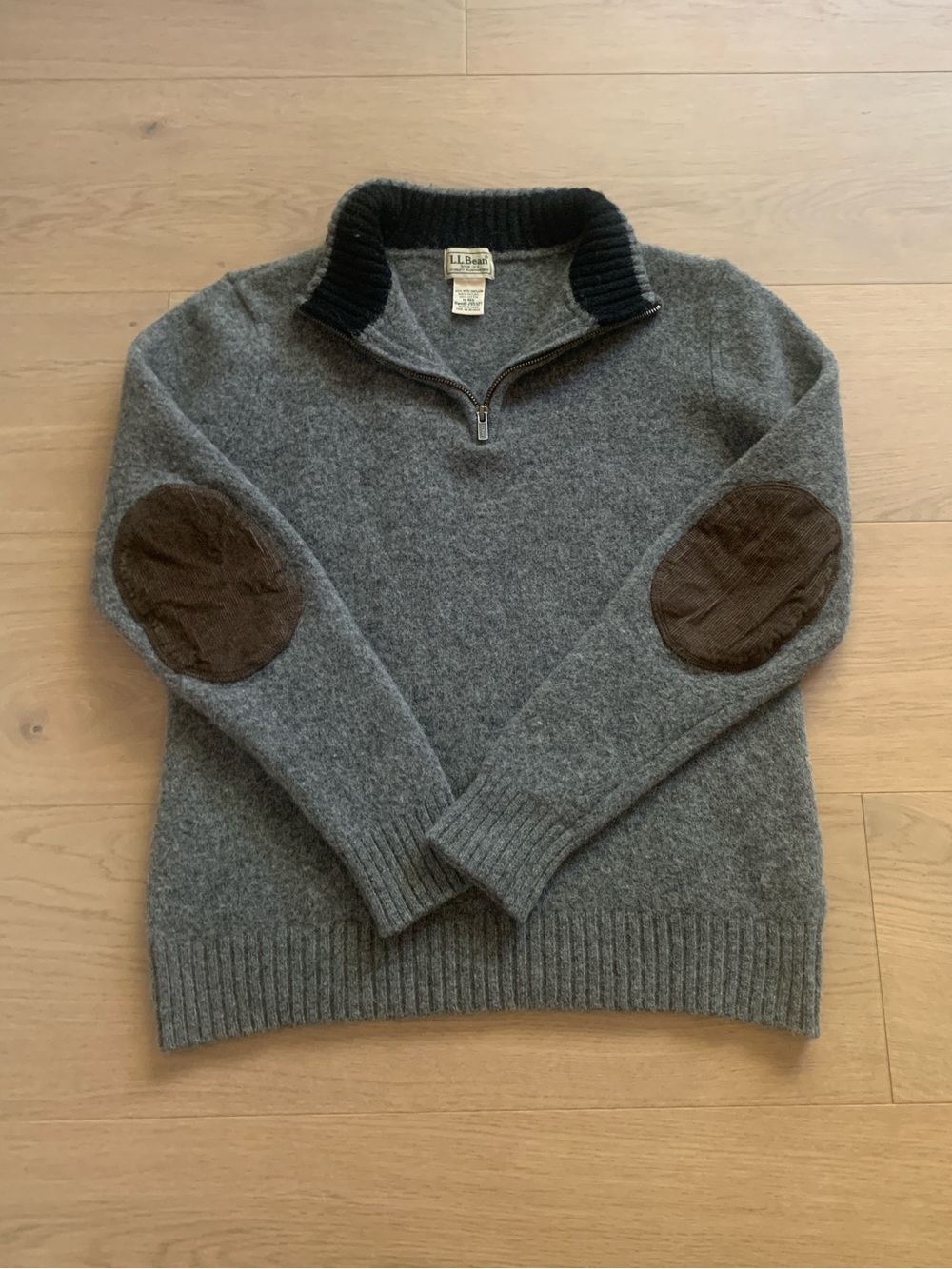 L.L. Bean 1/4 Zip Wool Sweater Brown Corduroy Elbow Patches Cottage Women’s M